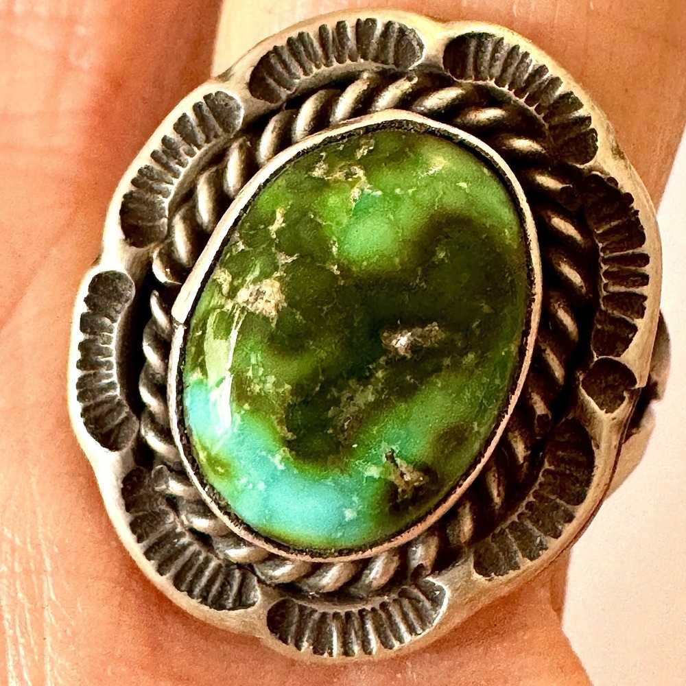 Navajo Sonoran Gold Turquoise Ring Sz 7 Sterling Signed Francisco Sun Stamp